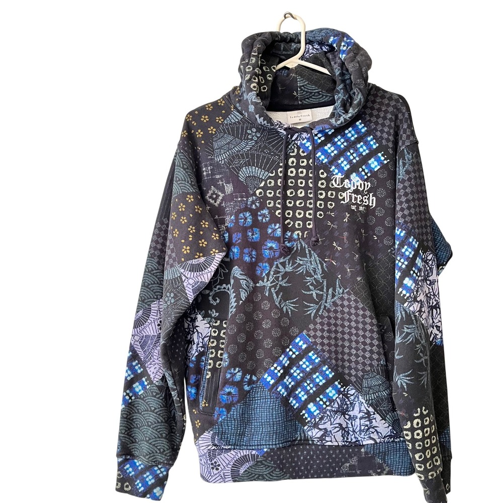Teddy Fresh Japanese Indigo Patchwork Hoodie Navy Blue Cotton Mens Medium Skater